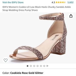 Rose gold glitter, two inch block heels, bachelorette wedding shoes